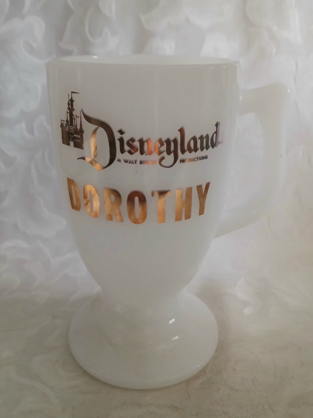 Disney White Pedestal Mug with Gold Disneyland and Name Lettering